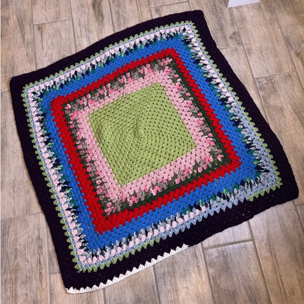 Handmade Crochet Afghan Lap Throw Blanket Tablecloth Multi-Color 37x37